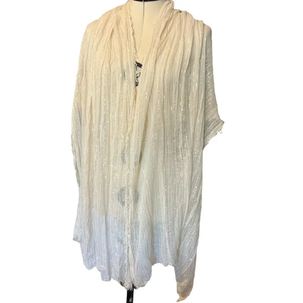 Sheer Cream Scarf with Raw Edge Hem and Silver Threads
